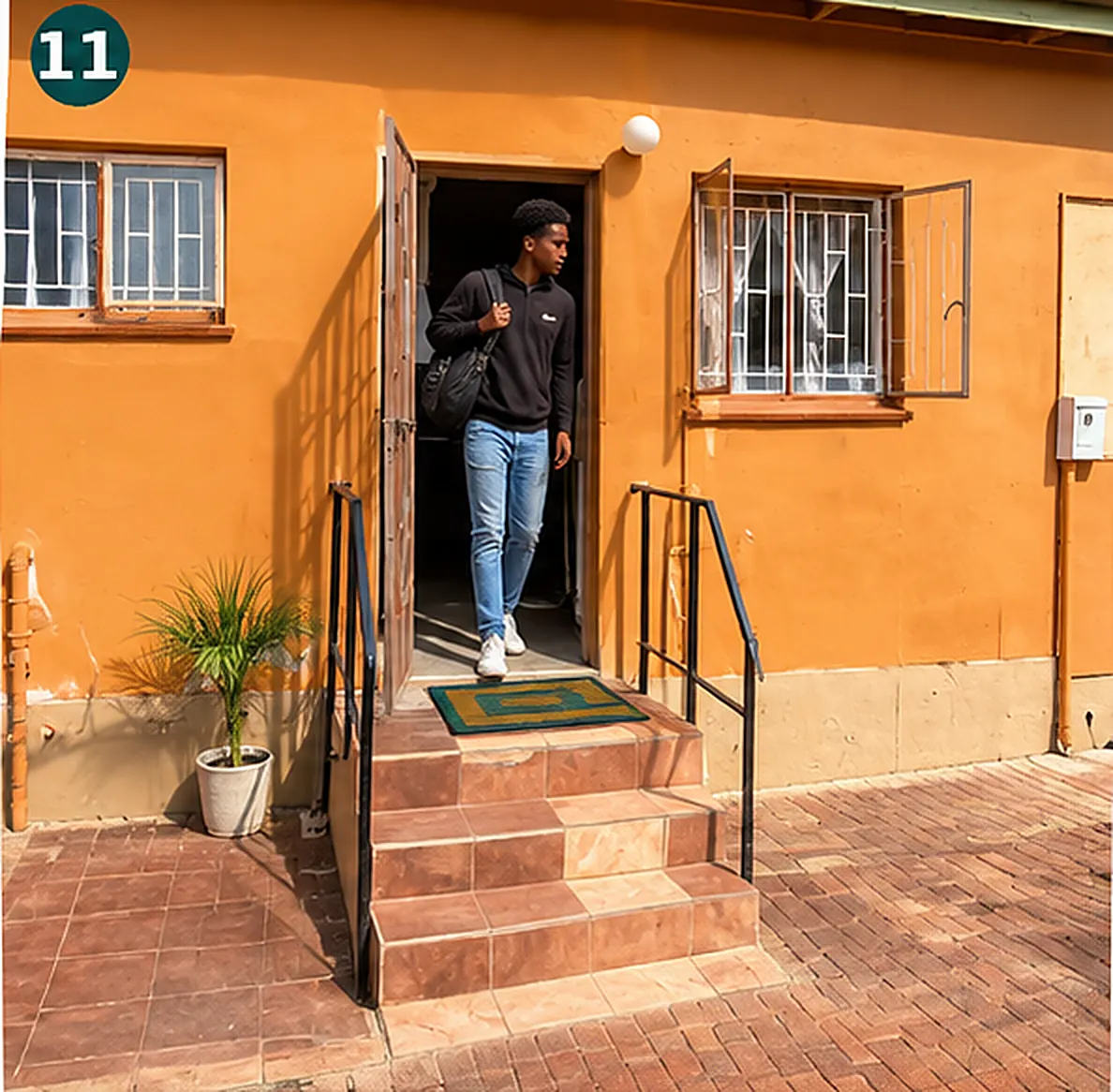 Resident arriving at the C4 front entrance with plants beside the door