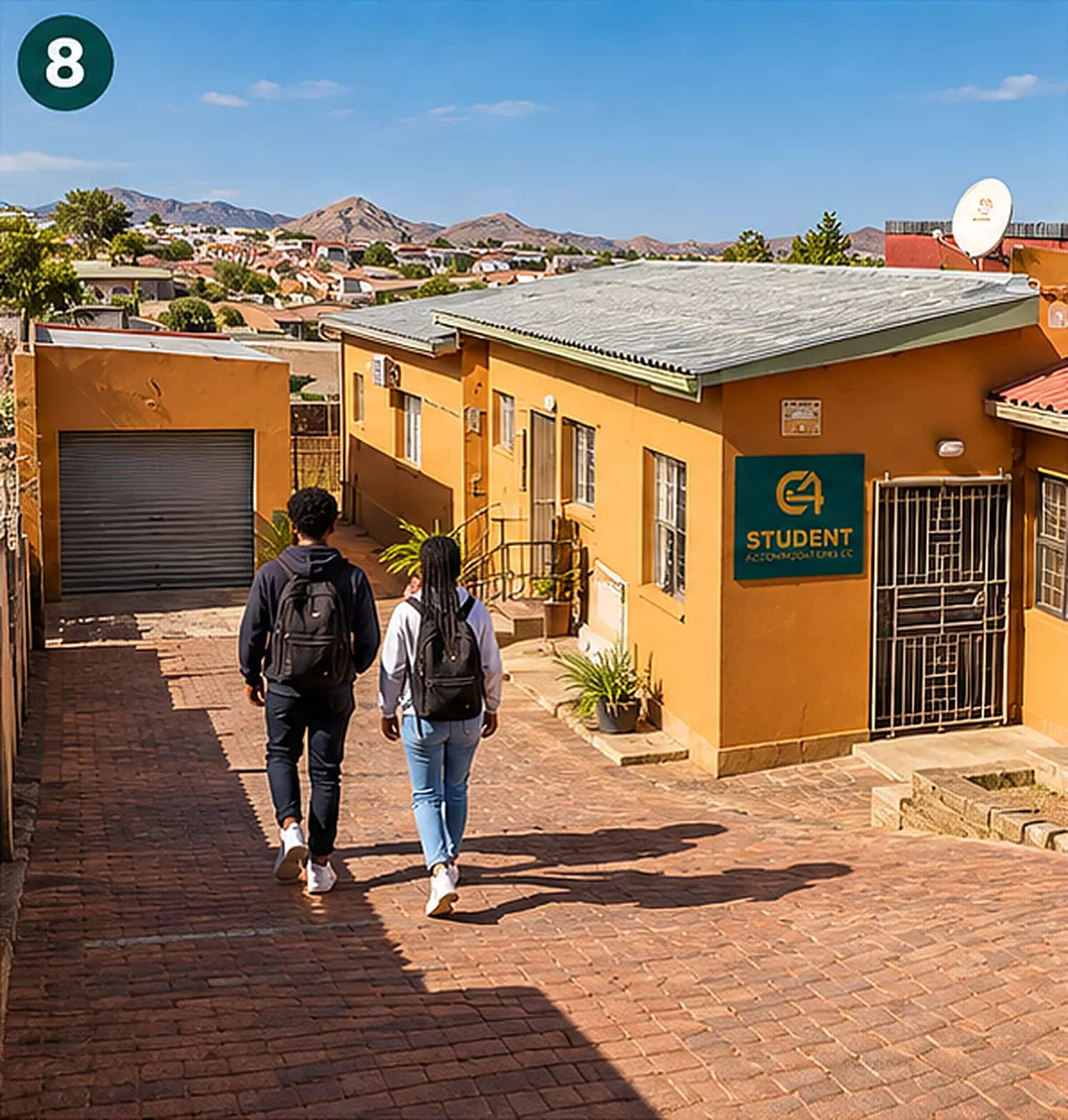 The C4 student house with its sign, brick courtyard and Windhoek hills behind